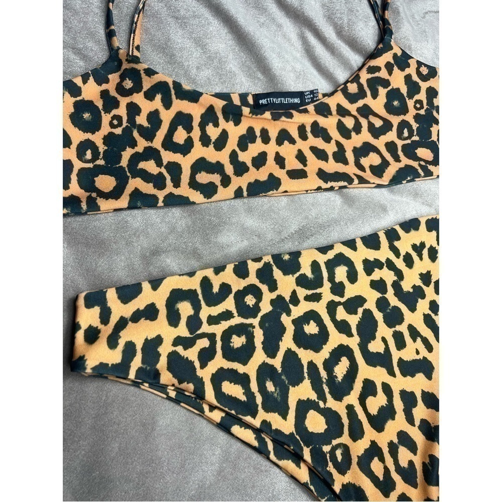 Pretty Little Thing Leopard Cheetah Print Stretch Bikini Set 2 Piece Sz 12 Large - Picture 2 of 8
